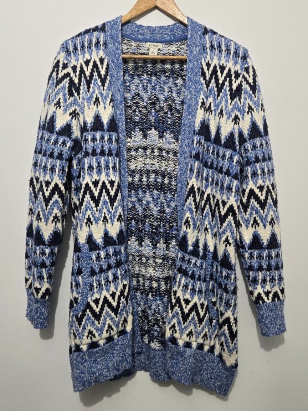LL Bean Womens Blue Fair Isle Cotton Ragg Open Cardigan Sweater Sz L Thick Cabin
